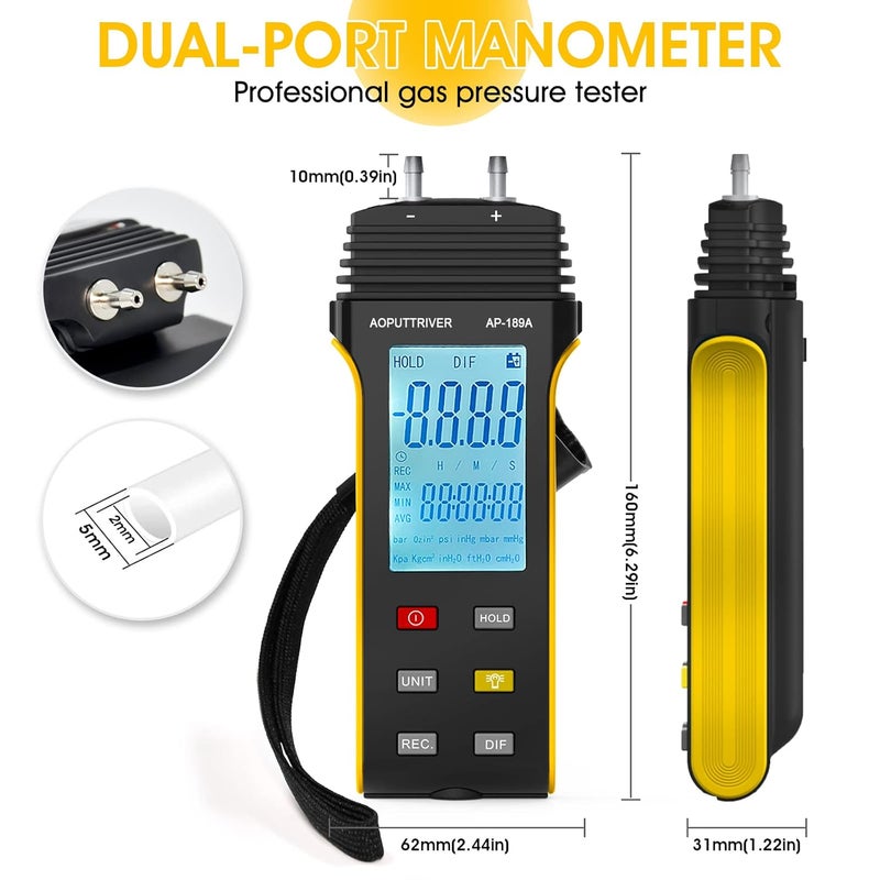 AOPUTTRIVER Digital Manometer,Dual Port Air Pressure Meter 6Psi Pressure Gauge HVAC Gas Tester with 11 Selectable Units,Data Logging and Zeroing AP-189A - Image 2